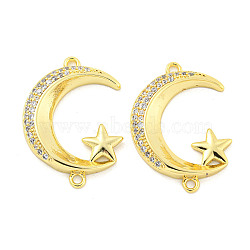 Rack Plating Brass Micro Pave Clear Cubic Zirconia Moon with Star Connector Charms, Cadmium Free & Lead Free, Long-Lasting Plated, Real 18K Gold Plated, 26.5x17.5x3.5mm, Hole: 1.5mm(KK-P270-21G)