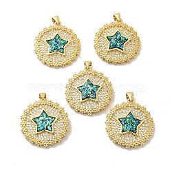 Rack Plating Brass Micro Pave Cubic Zirconia Pendants, with Synthetic Opal, with Jump Ring, Lead Free & Cadmium Free, Long-Lasting Plated, Flat Round with Star, Real 18K Gold Plated, 26.5x24.5x3.6mm, Hole: 5x3.6mm(X-KK-D088-03G)