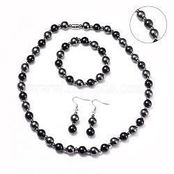 Necklaces & Stretch Bracelets & Dangle Earrings Jewelry Sets, with Stainless Steel Findings, Magnetic Synthetic Hematite and Natural Black Agate Beads, Platinum, 20.2 inch(51.5cm), 53mm, Pin: 0.6mm, 2 inch(5.2cm)(SJEW-I198-04P)