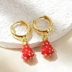 Brass Hoop Earrings, with Enamel, Real 18K Gold Plated, Strawberry, 28.5x8.5mm(EJEW-S251-04C-G)