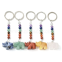 Rhinoceros Natural Gemstone Keychain, with 7 Chakra Beads and Iron Key Rings, for Women Men Hanging Car Bag Charms, 10.6~11.05cm(KEYC-F040-04)