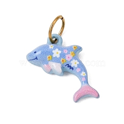 Printed 304 Stainless Steel Charms, Dolphin with Flower Charms, Golden, Light Sky Blue, 15x14x4mm, Hole: 4.5mm(SA-CBA59B8-04C-G)