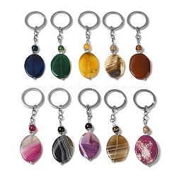 Iron with Alloy Natural Agate Pendant Keychain, Dyed, Oval, Mixed Color, 119mm(G-Q169-03P)