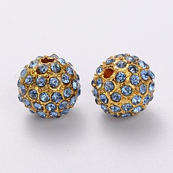 Alloy Rhinestone Beads, Grade A, Round, Golden Metal Color, Light Sapphire, 12mm(RB-A034-12mm-A04G)