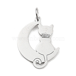 304 Stainless Steel Pendants, with Jump Ring and Glitter, Stamping Blank Tag, Moon with Cat Charm, Stainless Steel Color, 28.5x19.5x1mm, Hole: 4mm(STAS-E205-04P)