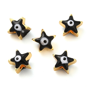 Golden Tone Brass Enamel Beads, Cadmium Free & Lead Free, Long-Lasting Plated, Star with Evil Eye, Black, 8x8x5mm, Hole: 1.4mm