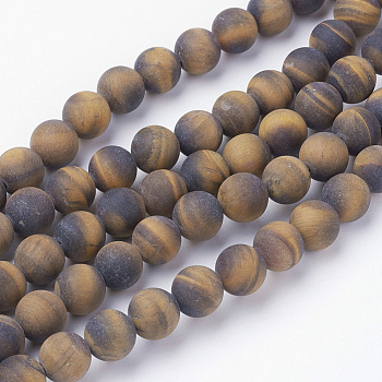 Natural Yellow Tiger Eye Bead Strands, Round, Grade AB+, Frosted, 8~8.5mm, Hole: 1mm, about 45~47pcs/strand, 14.9 inch(38cm)