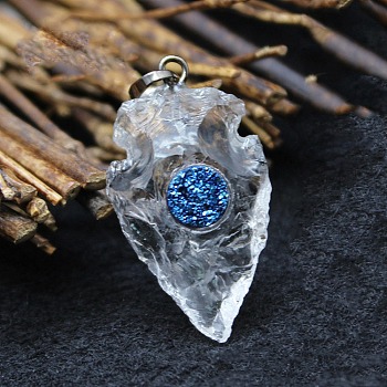 Natural Quartz Crystal Pendants, Shield Charms with Metal Snap on Bails, 28x21mm
