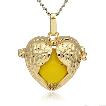 Golden Tone Brass Hollow Heart Cage Pendants, with No Hole Spray Painted Brass Ball Beads, Gold, 28x30x16mm, Hole: 3x8mm