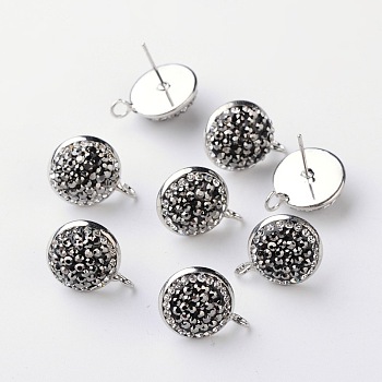 Half Round Brass Grade A Rhinestone Stud Earring Findings, with Loop, Platinum, 18x14x5~6mm, Hole: 2mm, Pin: 0.9mm