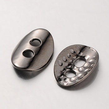 Brass Buttons, 2-Hole, Hammered Oval, Gunmetal, 14x10x1mm, Hole: 2mm
