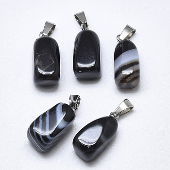 Natural Banded Agate/Striped Agate Pendants, Dyed, with Stainless Steel Snap On Bails, Cuboid, Stainless Steel Color, Black, 20~23x9~13x9~13mm, Hole: 3~4x7~8.5mm