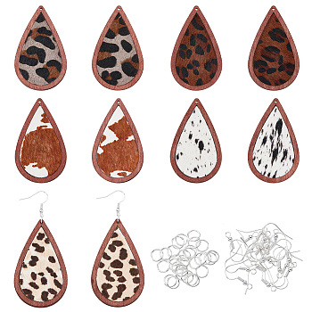 DIY Teardrop Earring Making Kit, Including Leopard Print Cowhide Leather Big Pendants with Wood, Iron Jump Rings & Earring Hooks, Coconut Brown, 60Pcs/box