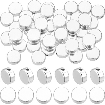 50Pcs Rack Plating Brass Beads, Flat Round, Long-Lasting Plated, 925 Sterling Silver Plated, 6x3mm, Hole: 1.2mm