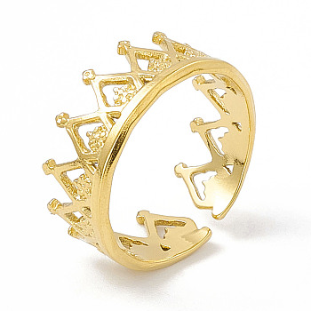 Ion Plating(IP) 304 Stainless Steel Crown Open Cuff Rings for Women, Real 18K Gold Plated, Inner Diameter: 17mm