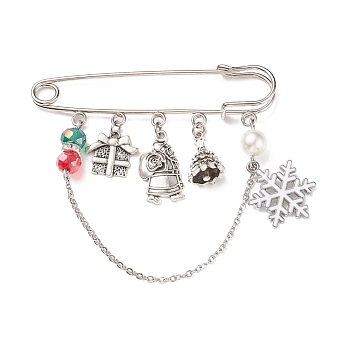Christmas Gift Box & Snowflake & Santa Claus Charms Alloy Safety Pin Brooch, Glass Pearl Beaded Lapel Pin for Women, Antique Silver & Platinum, 70mm