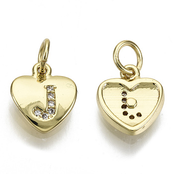Brass Micro Pave Clear Cubic Zirconia Charms, with Jump Ring, Heart with Letter, Real 16K Gold Plated, Nickel Free, Letter.J, 10x9x2mm, Jump Ring: 5x1mm, 3mm inner diameter
