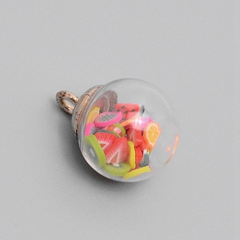 Transparent Glass Globe Pendants, with Resin Imitation Fruit Chips inside and Alloy Snap on Bails, Round, Colorful, 21x16mm, Hole: 2mm