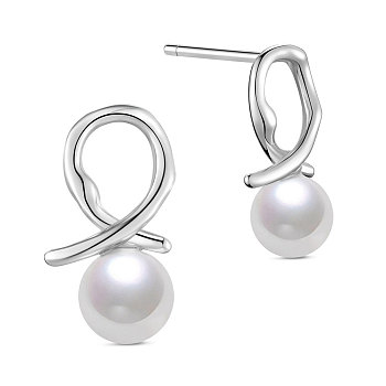 SHEGRACE Rhodium Plated 925 Sterling Silver Stud Earrings, with Shell Pearl, Platinum, 13.7x8mm