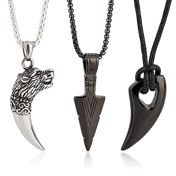 3Pcs 3 Styles Horn & Spearpoint & Wolf 304 Stainless Steel Pendant Necklaces Set with Wax Rope for Men Women, Electrophoresis Black, 21.65~24.41 inch(55~62cm), 1Pc/style