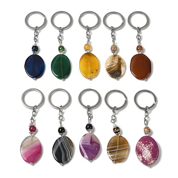 Iron with Alloy Natural Agate Pendant Keychain, Dyed, Oval, Mixed Color, 119mm