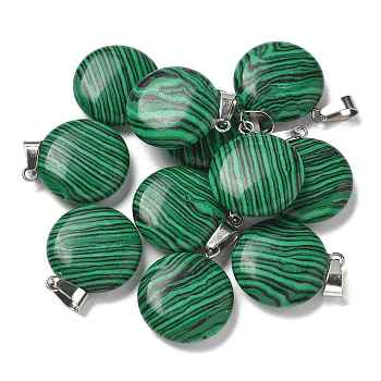 Synthetic Malachite Pendants, with 201 Stainless Steel Finding, Flat Round, 24x20x7mm, Hole: 4x7mm