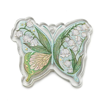 Acrylic Pendant, Buttfly with Flower Charm, Dark Sea Green, 32.5x37.5x2mm, Hole: 1.8mm