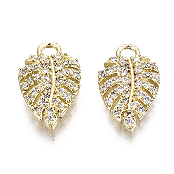 Brass Micro Pave Clear Cubic Zirconia Pendants, Leaf, Golden, 16x10x2.5mm, Hole: 2mm