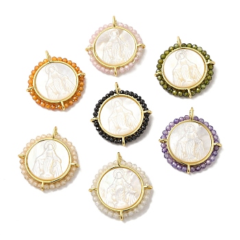 Rack Plating Brass Micro Pave Cubic Zirconia & Shell Pendants, Long-Lasting Plated, Cadmium Free & Lead Free, Real 18K Gold Plated, Flat Round with Virgin Mary Pattern Charms, Mixed Color, 24.5x22.5x3.6mm, Hole: 2.6x3mm