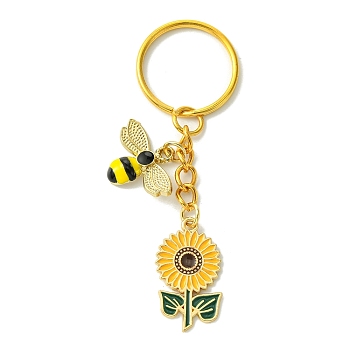 Alloy Enamel Pendants  Keychain, with Iron Split Key Rings, Bee Charm, Golden, 7.7cm