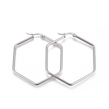 201 Stainless Steel Hoop Earrings, with 304 Stainless Steel Pin, Hexagon, Stainless Steel Color, 12 Gauge, 45x40.5x2mm, Pin: 0.8mm