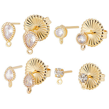 Beebeecraft 8Pcs 4 Style Brass Stud Earring Findings, with Cubic Zirconia and Loop, with 8Pcs Ear Nuts, Real 18K Gold Plated, 5.5~9.5x3~5.5mm, Hole: 0.8~1mm, Pin: 0.6~0.8mm, 2Pcs/style