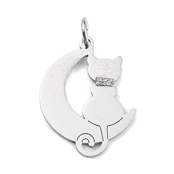 304 Stainless Steel Pendants, with Jump Ring and Glitter, Stamping Blank Tag, Moon with Cat Charm, Stainless Steel Color, 28.5x19.5x1mm, Hole: 4mm