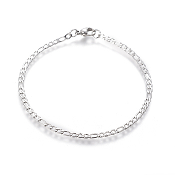 304 Stainless Steel Figaro Chain Bracelets, with Lobster Claw Clasps, Stainless Steel Color, 8-1/8 inch(20.6cm), 3mm