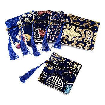 Chinese Brocade Tassel Zipper Jewelry Bag Gift Pouch, Square with Flower Pattern, Marine Blue, 11.5~11.8x11.5~11.8x0.4~0.5cm