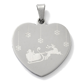 Christmas Themed 304 Stainless Steel Pendants, Heart with Deer Charms, Stainless Steel Color, 28.5x27x2mm, Hole: 6x3mm