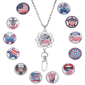 SUNNYCLUE DIY Flat Round Lanyard Necklace Making Kit, Include Glass Buttons, Zinc Alloy Keychain, 304 Stainless Steel Chains Necklaces, Flag Pattern, 14pcs/box