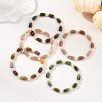 Natural Sunstone/Natural Strawberry Quartz/Natural African Turquoise(Jasper)/Natural Bronzite/Natural Mookaite & Shell Pearl & Brass Beads Stretch Bracelets for Women, Barrel, Golden, Inner Diameter: 2.17 inch(5.5cm)(BJEW-JB13864)