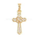 Brass Micro Pave Clear Cubic Zirconia Pendants, Cadmium Free & Lead Free, Cross Charms, Real 18K Gold Plated, 23x13x2.5mm, Hole: 3.5x6mm(KK-D258-11G-01)
