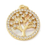 Brass Micro Pave Cubic Zirconia Pendants, with Shell, Rack Plating, Long-Lasting Plated, Lead Free & Cadmium Free, Real 18K Gold Plated, with Jump Ring, Tree, 19.5x17x3mm, Hole: 2.5mm(X1-KK-K298-16G-02)