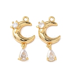 Brass Micro Pave Cubic Zirconia Pendants, Moon, Nickel Free, Real 18K Gold Plated, 24x12x5.5mm, Hole: 1.5mm(KK-D024-13G)