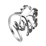 SHEGRACE Stainless Steel Cuff Rings, Open Rings, Wide Band Rings, with Enamel, Leafy Branches, Black, US Size 10, Inner Diameter: 20mm(JR830C)