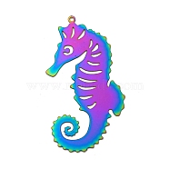 Ion Plating(IP) 201 Stainless Steel Etched Metal Embellishments Pendants, Rainbow Color, Sea Horse, 43x23x0.3mm, Hole: 1.2mm(STAS-G328-02D-RC)