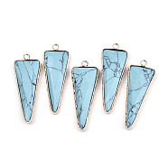 Synthetic Turquoise Pointed Pendants, with Light Gold Plated Brass Edge and Loop, Triangle, Faceted, 45.5x16.5x6~7mm, Hole: 2.5mm(G-N326-56E)