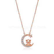 Chinese Zodiac Necklace Tiger Necklace 925 Sterling Silver Rose Gold Tiger on the Moon Pendant Charm Necklace Zircon Moon and Star Necklace Cute Animal Jewelry Gifts for Women, Tiger, 15 inch(38cm)(JN1090C)