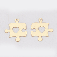 Brass Pendants, Etched Metal Embellishments, Long-Lasting Plated, Puzzle with Heart, Light Gold, 15x13x0.3mm, Hole: 1mm(X-KKC-S001-030KC)