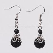 Natural Lava Rock Bead Dangle Earrings, with Brass Earring Hooks, Alloy and Iron Findings, Platinum, 42mm(EJEW-JE02144-01)