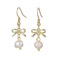 Alloy Bowknot Dangle Earrings, Natural Pearl Drop Earrings, Golden, 36x12.5mm(EJEW-JE05584)