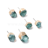 Natural Dyed Druzy Quartz Stud Earrings, with Brass Findings, Nuggets, Golden, Dark Sea Green, 3~13x3~13x4~9mm, Pin: 0.7mm(EJEW-P165-B01)