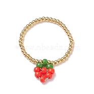 Glass & Brass Braided Fruit Finger Ring for Women, Colorful, Strawberry Pattern, US Size 9(18.9mm)(RJEW-TA00047-02)